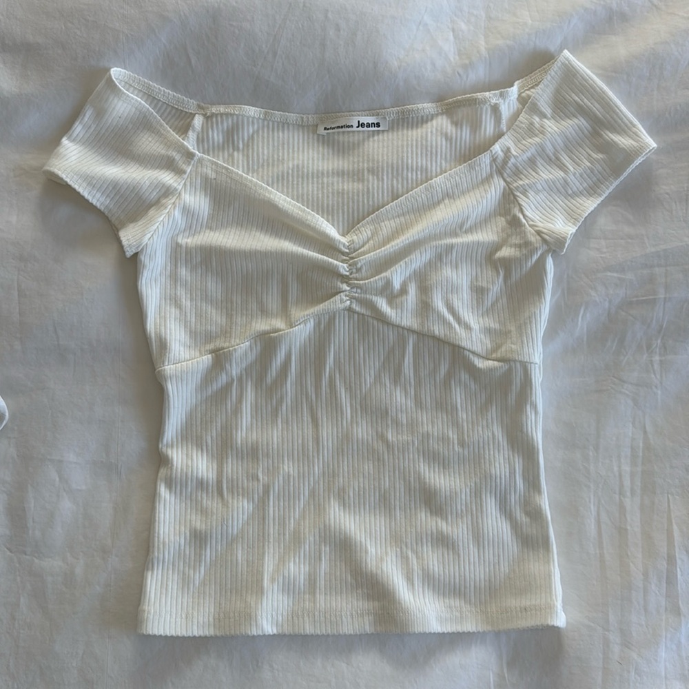 Reformation White Ribbed Off-Shoulder Top